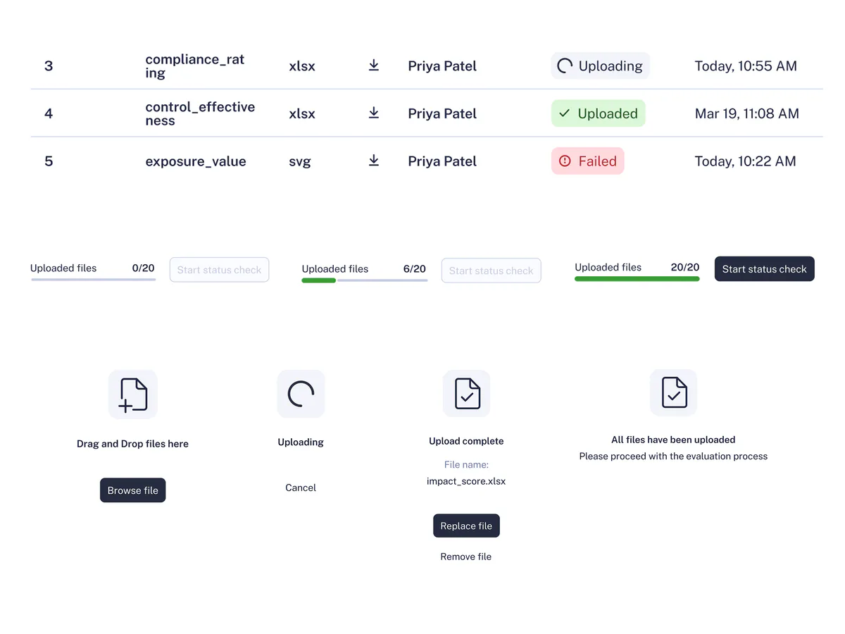 Three parts. Top: three table rows with the statuses Uploading, Uploaded and Failed. Middle: the counter next to "Start status check" at 0/20 and 6/20, with the button disabled, and at 20/20, with the button active. Bottom: the drop area's four states: drag and drop with Browse file, Uploading with Cancel, Upload complete with Replace file and Remove file, and "All files have been uploaded".