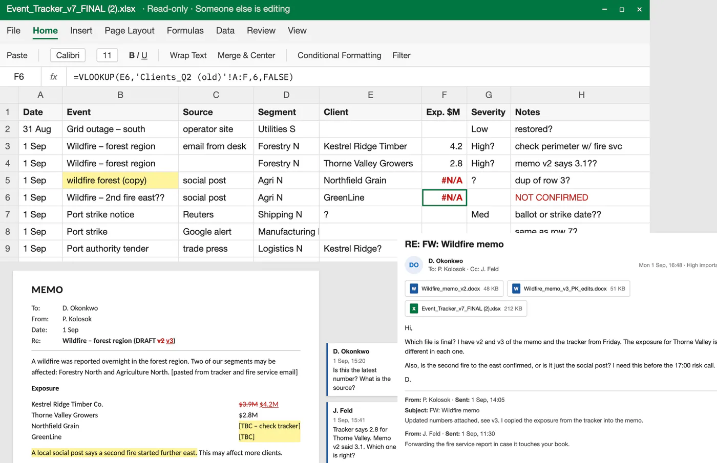 Previous way of checking an event. An Excel tracker, read-only because someone else is editing it, lists the same wildfire in four rows, with #N/A exposure cells and notes like "dup of row 3?". Below it, a Word memo shows exposure figures crossed out and marked TBC, and an email asks which file is final, because the memo and the tracker give different numbers.